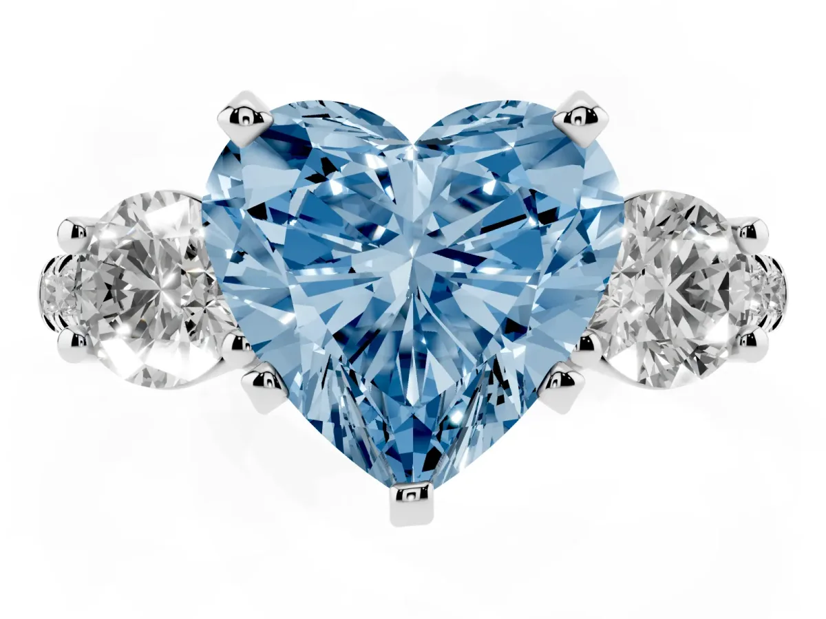 Fancy Blue Three-Stone Heart Cut Diamond Pavé Band with Four-Prong Setting Silver
