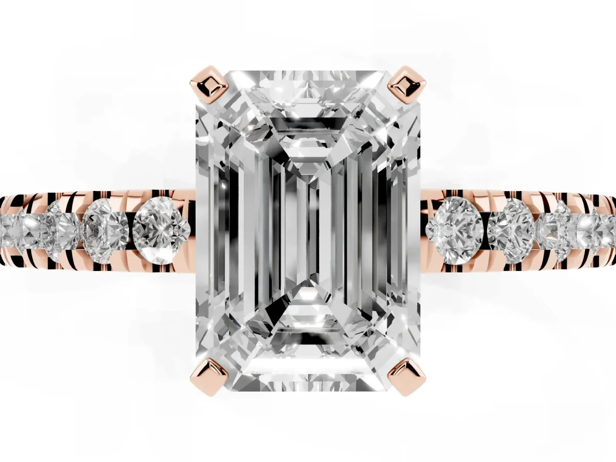 Emerald Cut Solitaire Diamond with Pavé Band and Four-Prong Setting Rose gold