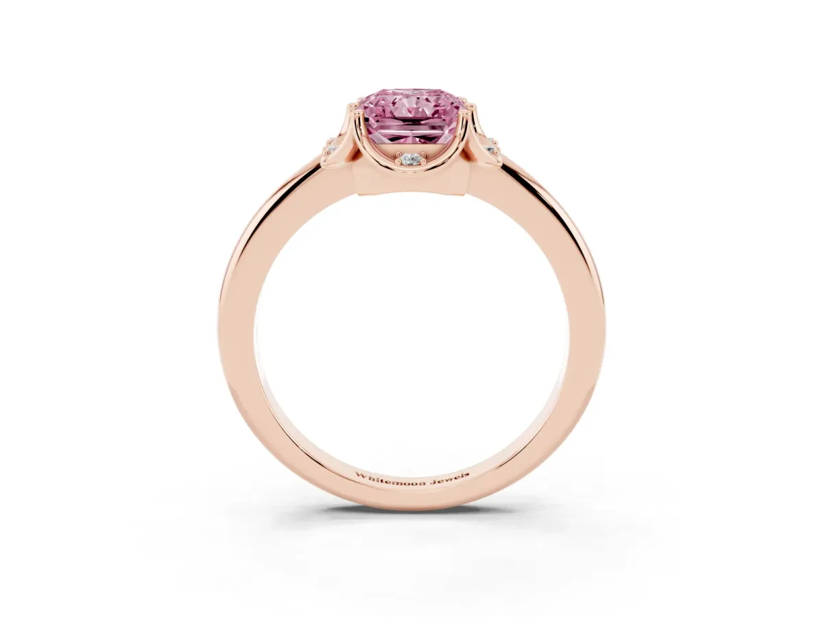 Fancy Pink Radiant Cut Halo Diamond Ring with Round Cluster Setting, Solitaire Band, and Four-Prong Setting Rose gold