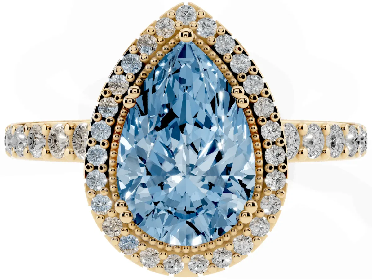 Fancy Blue Pear Cut Cut Diamond Halo Engagement Ring with Milgrain Detail and Pavé Band Yellow gold