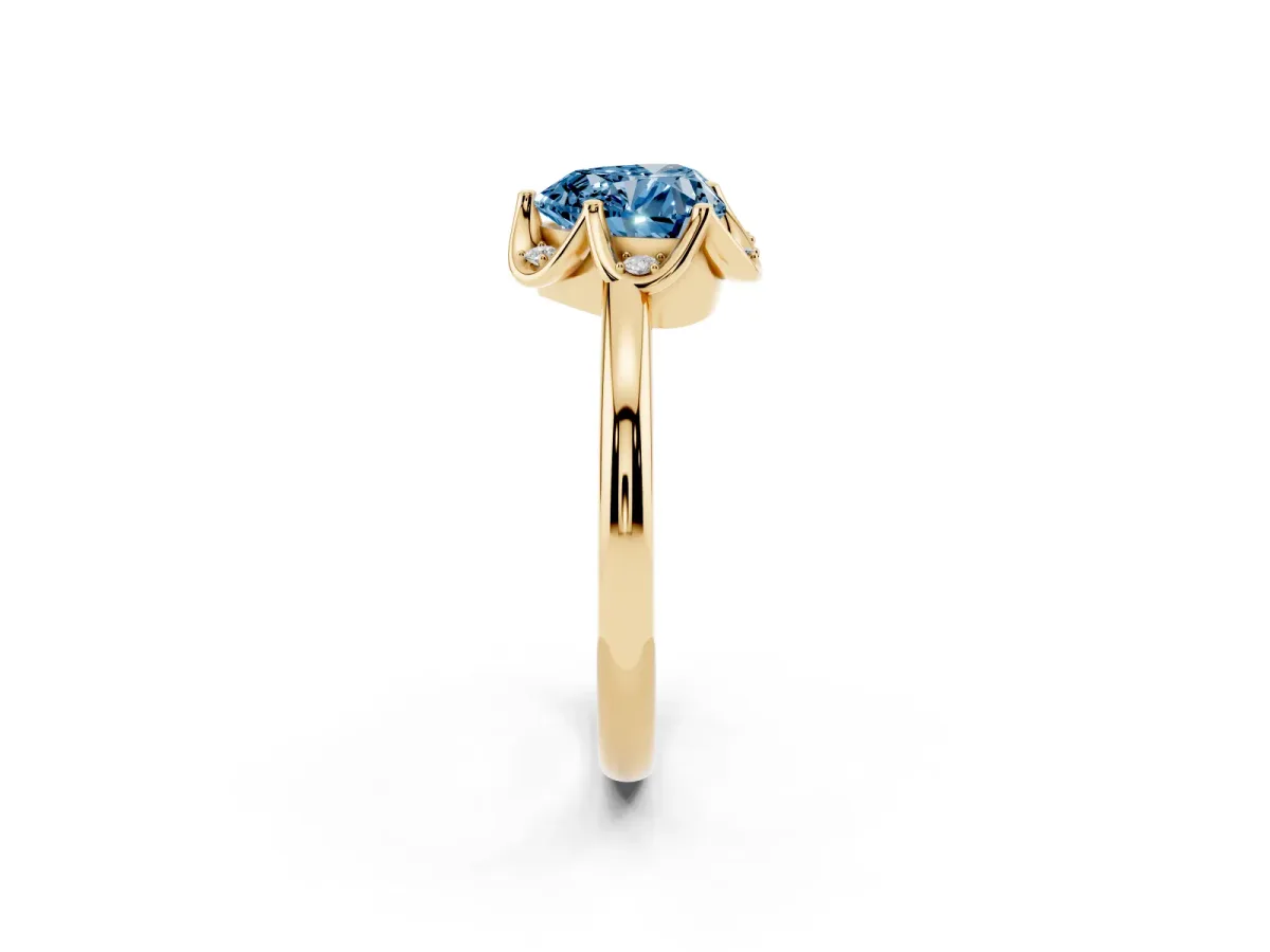 Fancy Blue Heart Cut Halo Diamond Ring with Round Cluster Setting, Solitaire Band, and Four-Prong Setting Yellow gold