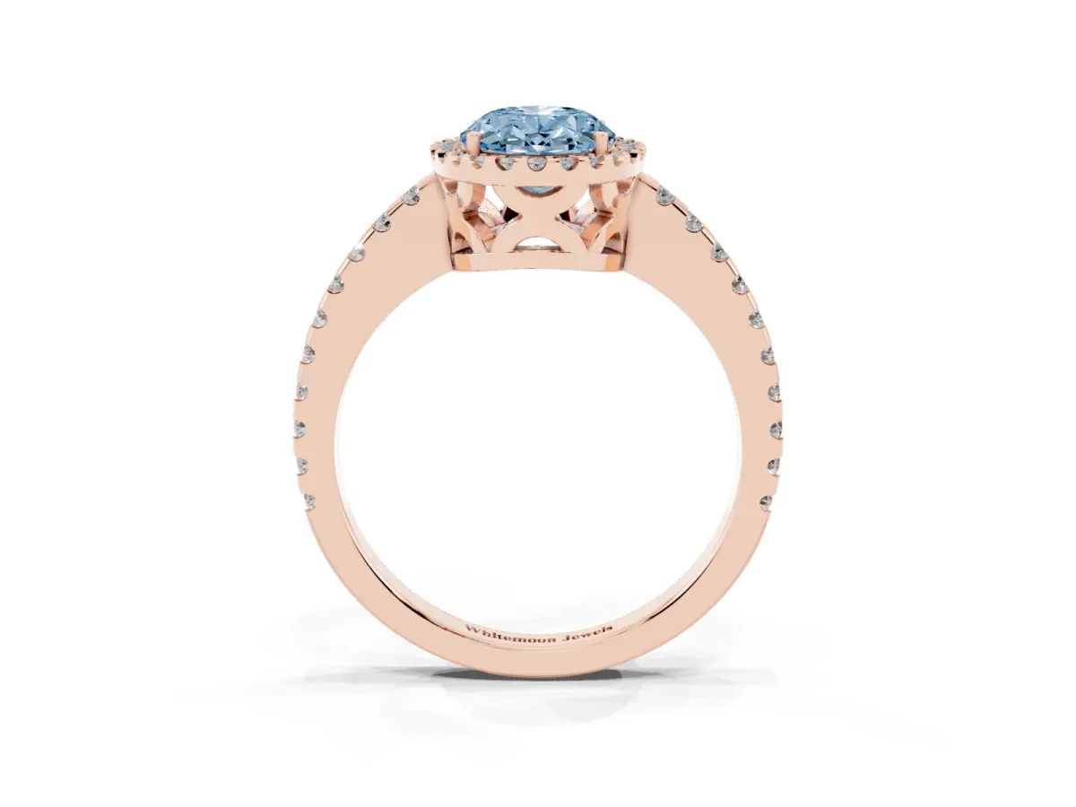 Fancy Blue Oval Cut Diamond Halo Engagement Ring with Pavé Band and Prong Setting Rose gold