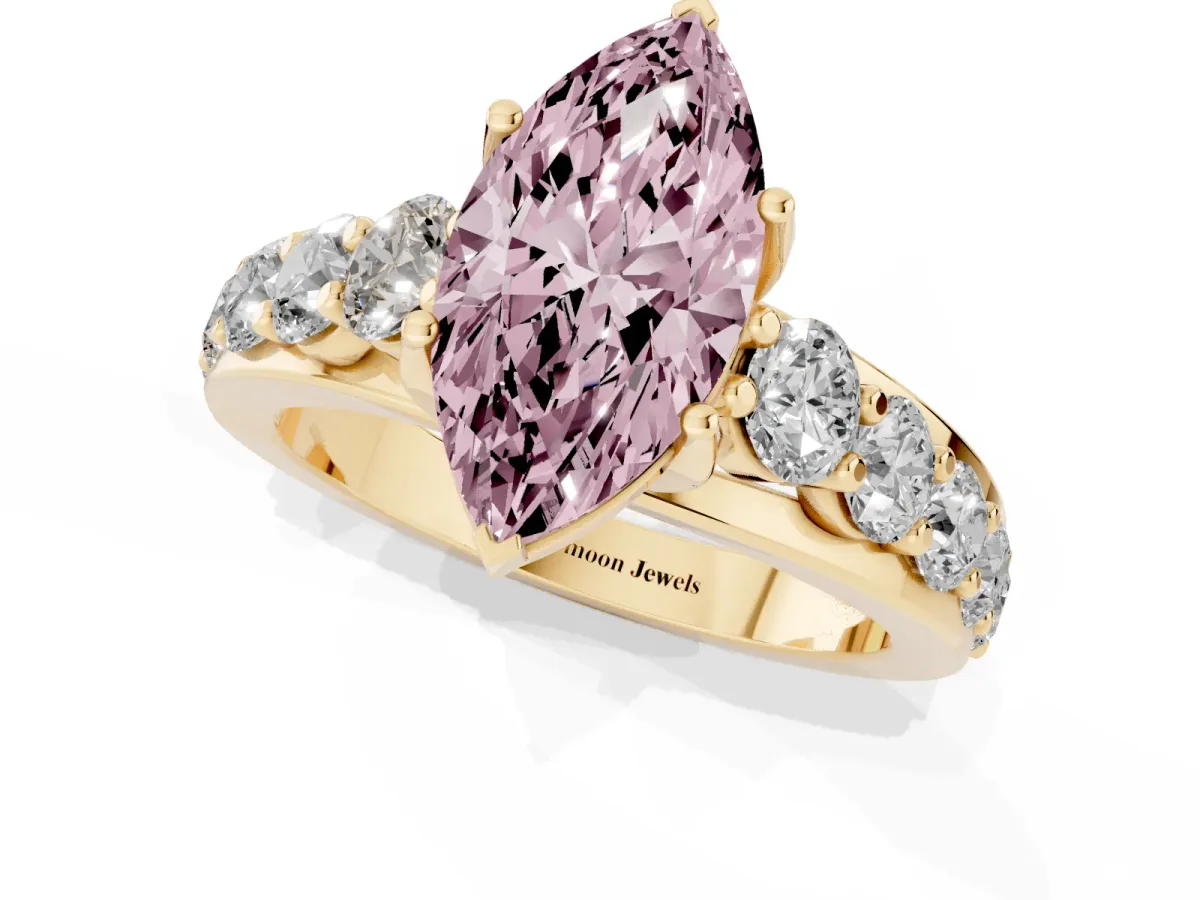 Fancy Pink Marquise Cut Diamond Engagement Ring with Pavé Band and Four-Prong Setting Yellow gold