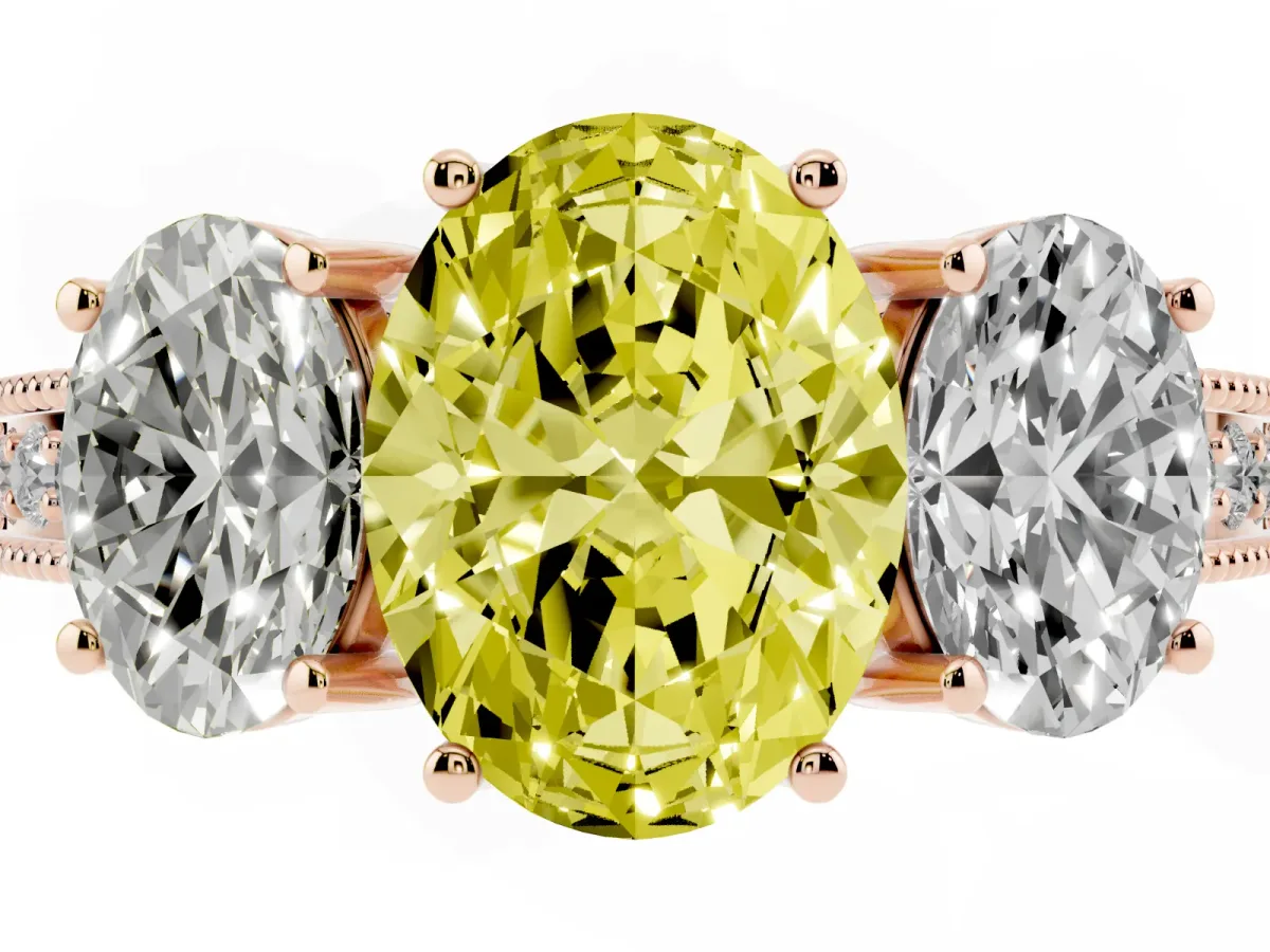 Fancy Yellow Three-Stone Oval Cut Cut Milgrain Pavé Engagement Ring Rose gold