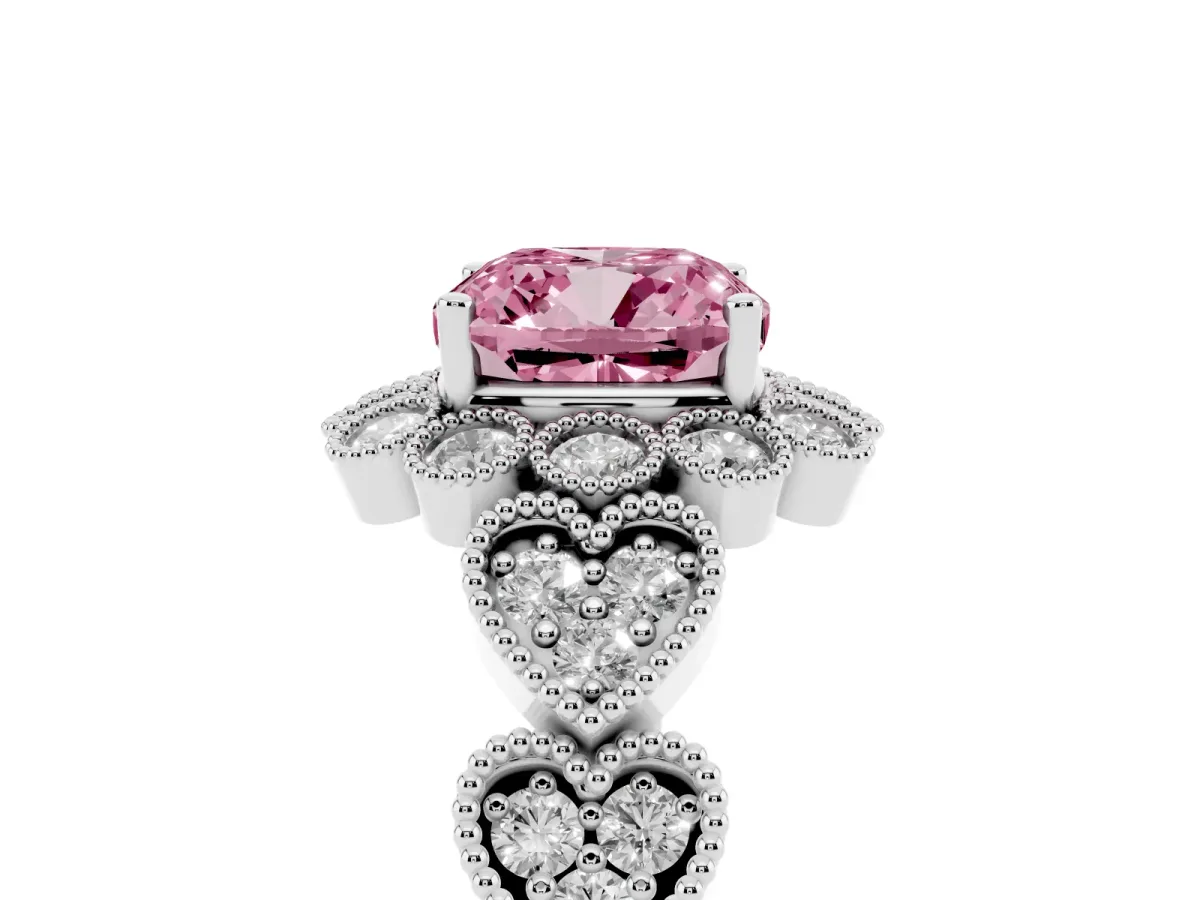 Fancy Pink Cushion Cut Brilliant Milgrain Pave Heart Band Solitaire Ring Silver