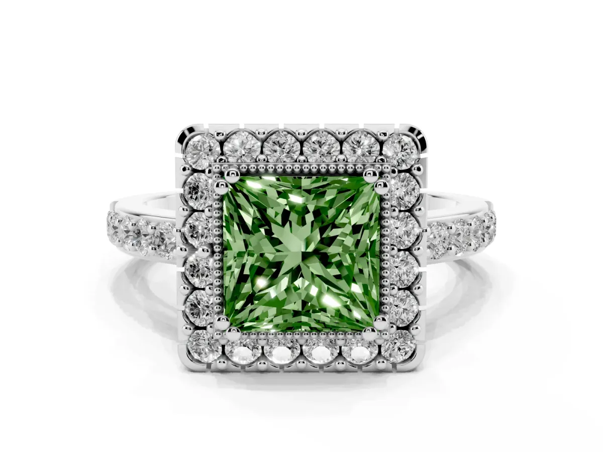 Fancy Green Princess Cut Diamond Halo Ring with Pavé Band and Prong Setting White gold