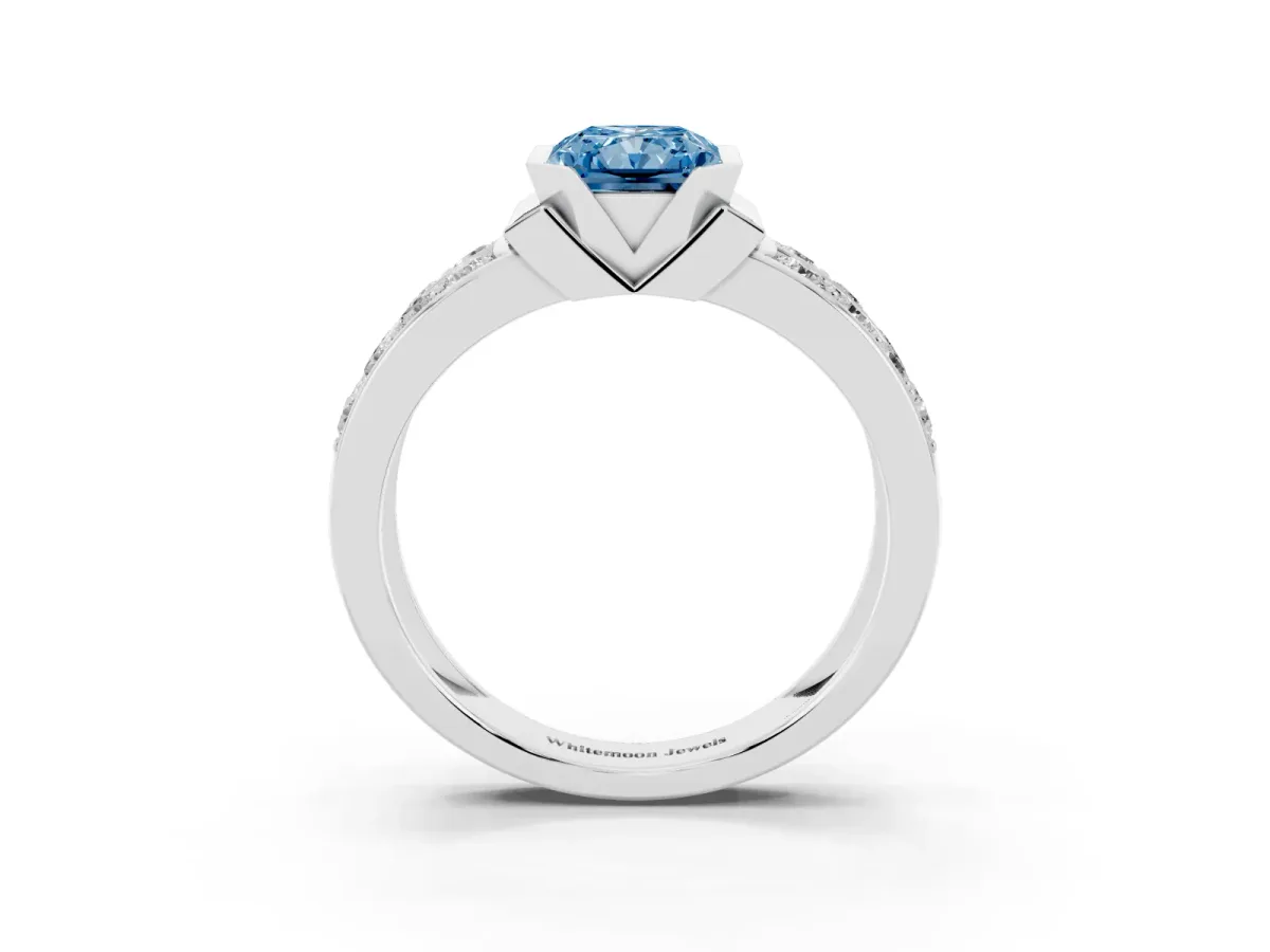 Fancy Blue Radiant Cut Brilliant Diamond Channel Set Wide Band Ring with Bezel Setting Platinum