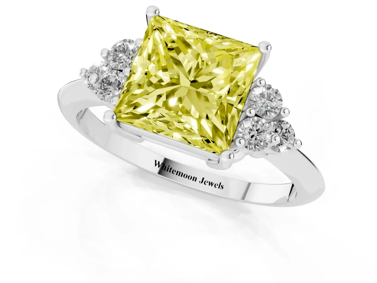 Fancy Yellow Princess Cut Cut Diamond Cluster Ring with Solitaire Band and Four-Prong Setting Platinum