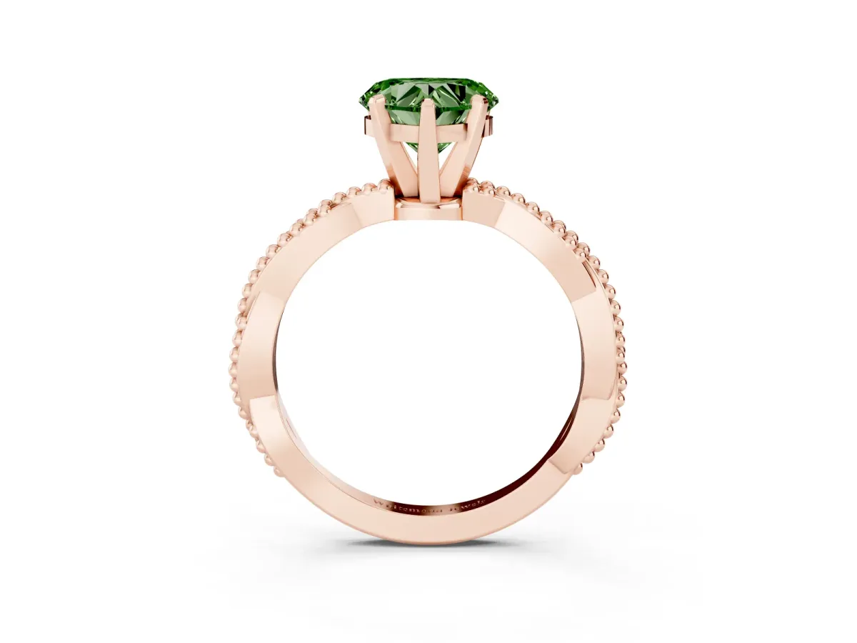 Fancy Green Heart Cut Solitaire Twisted Band with Bead Prong Setting Rose gold