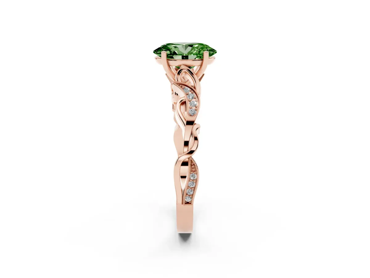 Fancy Green Oval Cut Solitaire Vine Band with Milgrain Prong Setting Rose gold
