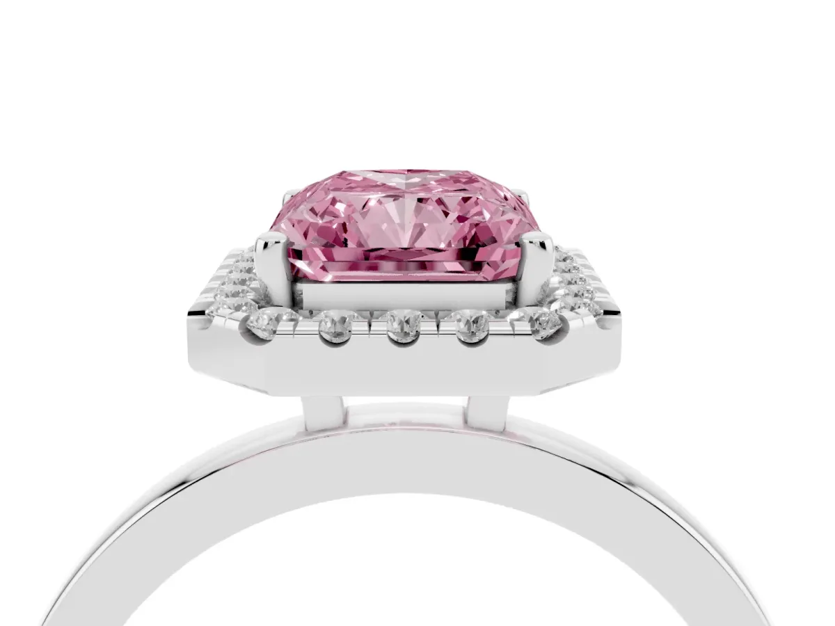 Fancy Pink Radiant Cut Halo Diamond Solitaire with Pavé Band and Four-Prong Setting Silver