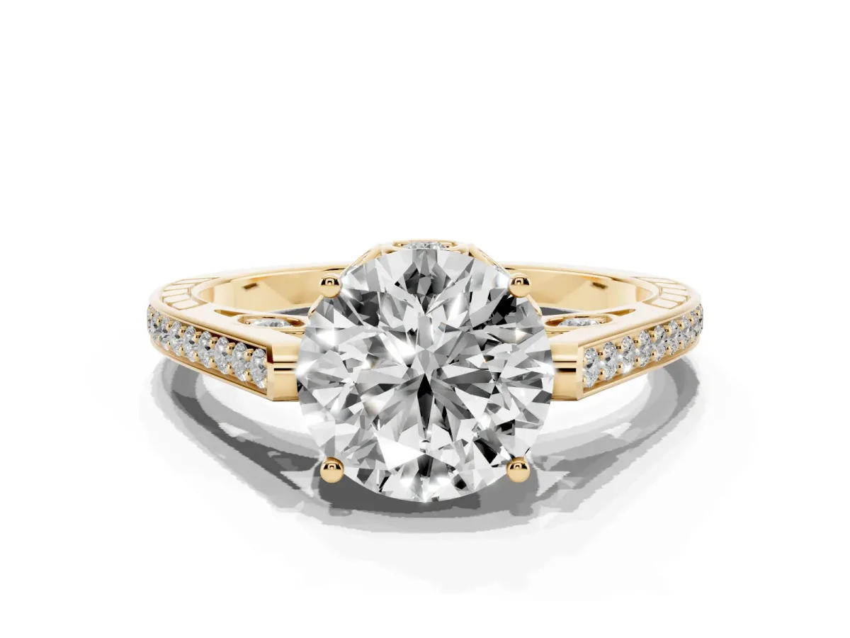 Round Cut Cut Cathedral Pave Diamond Engagement Ring with Six-Prong Setting Yellow gold