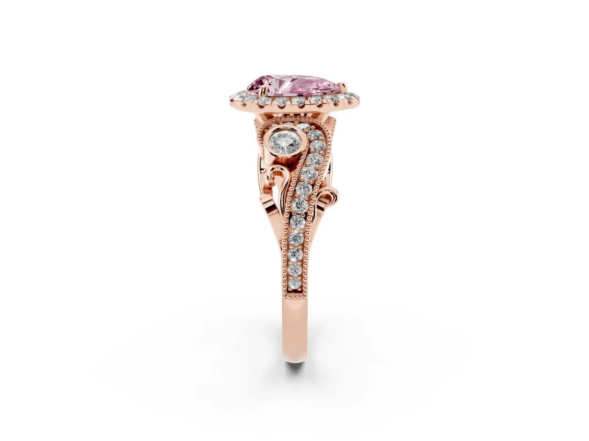 Fancy Pink Pear Cut Diamond Halo Ring with Milgrain Pavé Band and Four-Prong Setting Rose gold