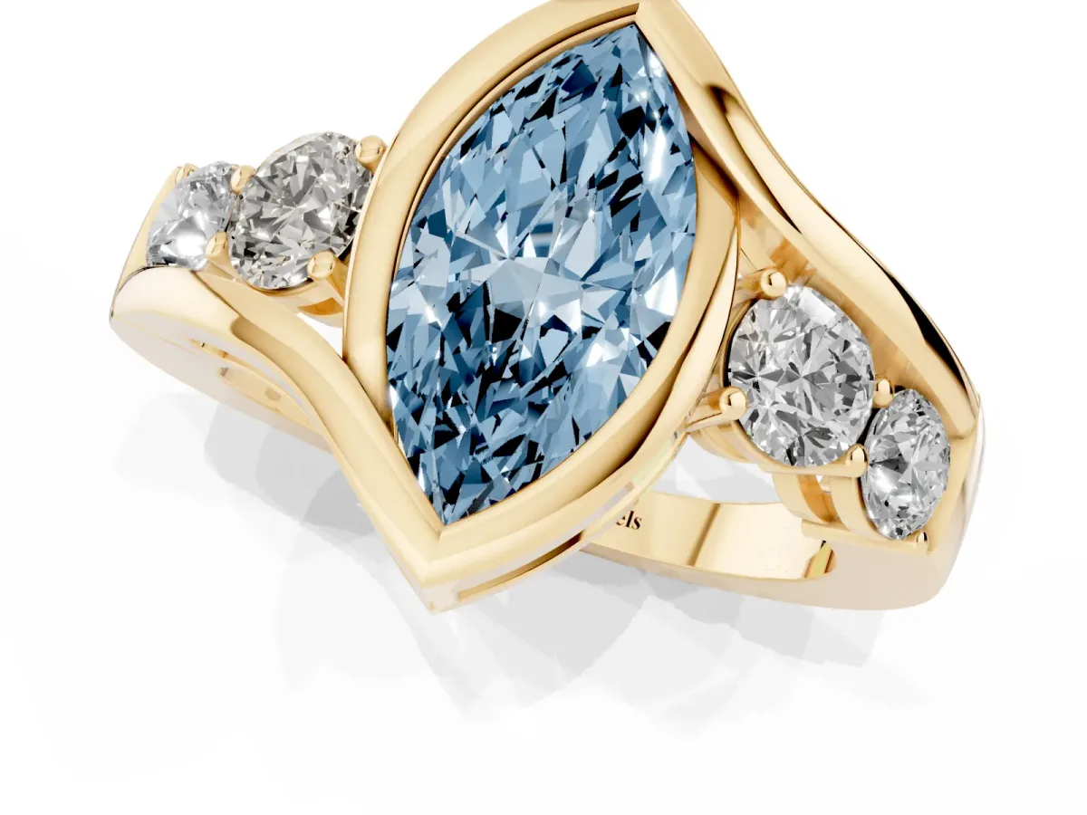 Fancy Blue Bezel Set Marquise Cut Diamond Bypass Ring with Round Accents Yellow gold