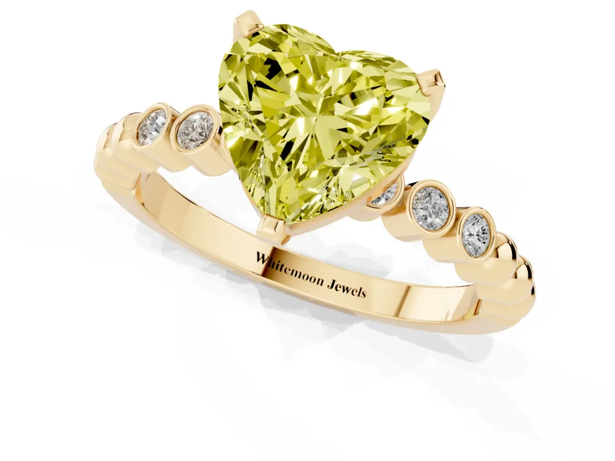 Fancy Yellow Heart Cut Solitaire Bezel Accent Diamond Engagement Ring with Beaded Band and Four-Prong Setting Yellow gold