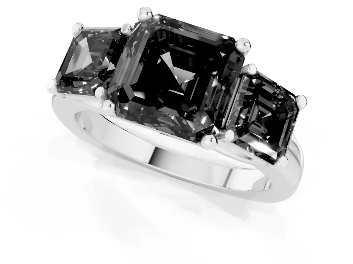 Fancy Black Three-Stone Asscher Cut Brilliant Diamond Trellis Ring with Comfort Fit Band Platinum