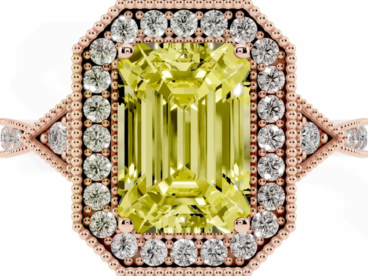Fancy Yellow Emerald Cut Halo Round Diamond Milgrain Pave Engagement Ring Rose gold
