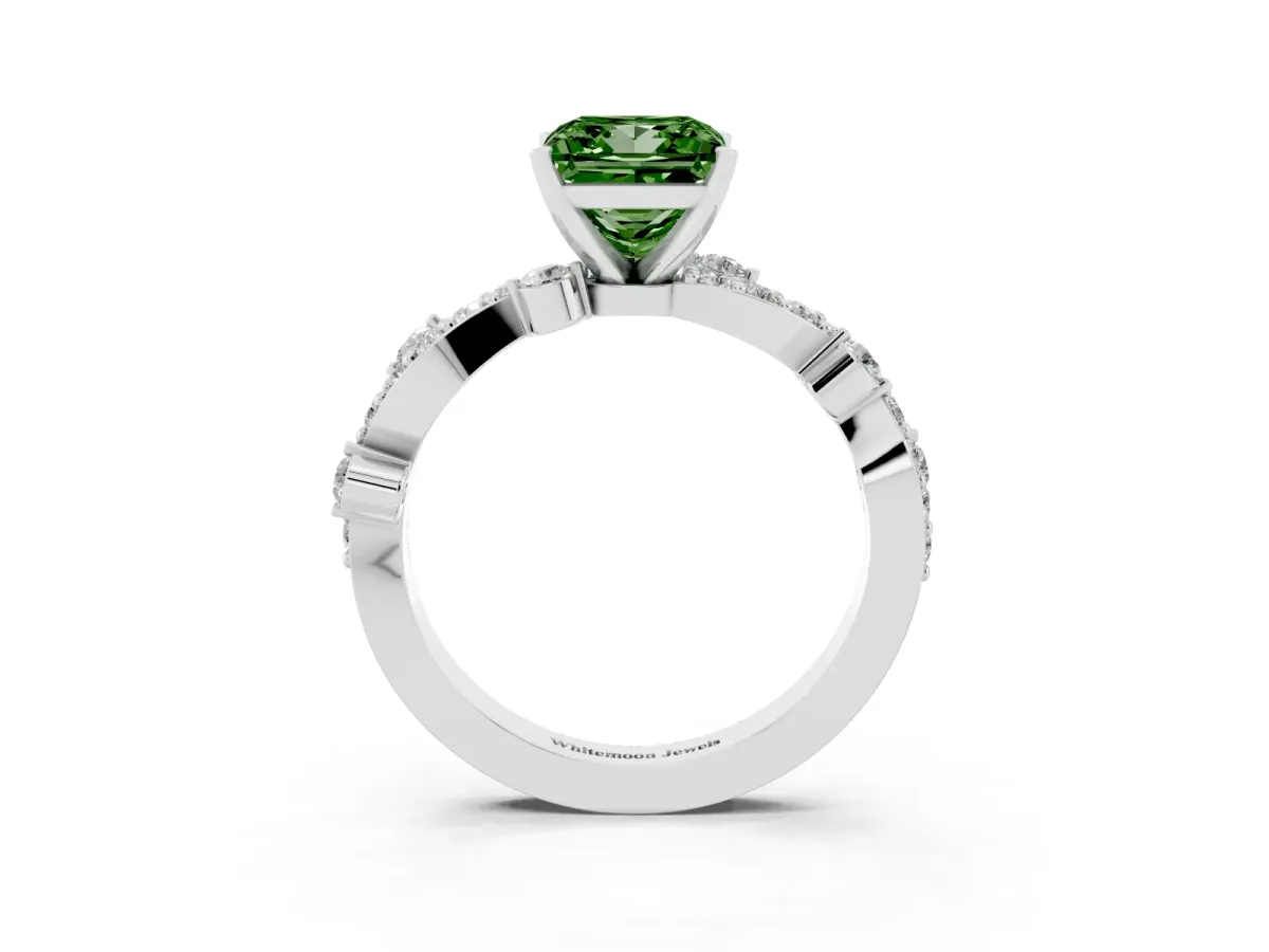 Fancy Green Princess Cut Cut Solitaire Diamond Twisted Band with Pave Setting Platinum