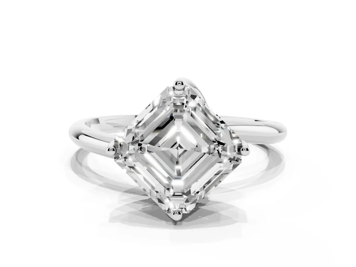 Asscher Cut Diamond Solitaire Engagement Ring with Four-Prong Setting and Classic Band Silver