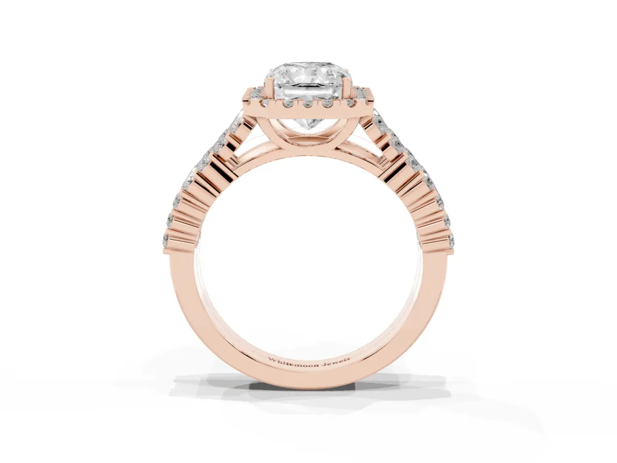 Radiant Cut Diamond Halo Engagement Ring with Triple Row Round Pavé Band and Prong Setting Rose gold