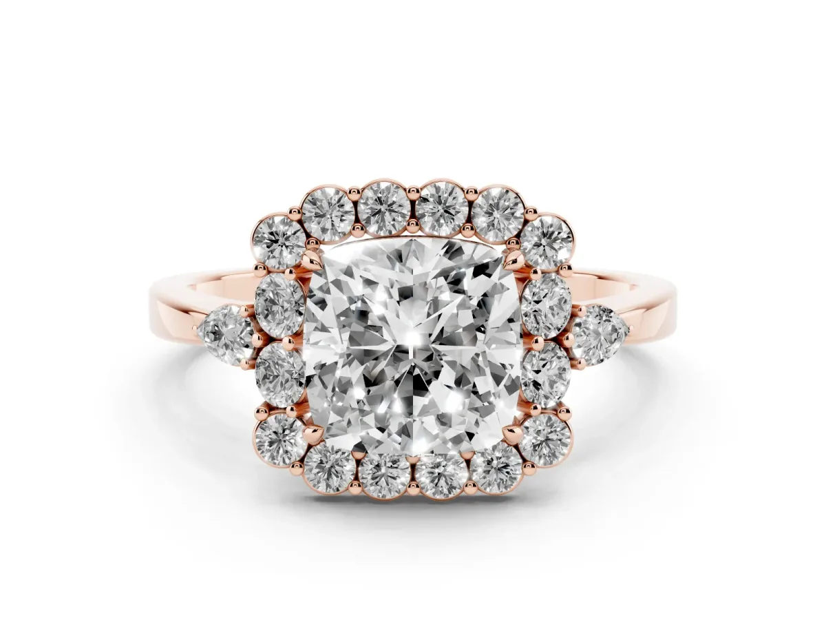 Cushion Cut Diamond Halo Ring with Pear Side Stones and Prong Setting Rose gold
