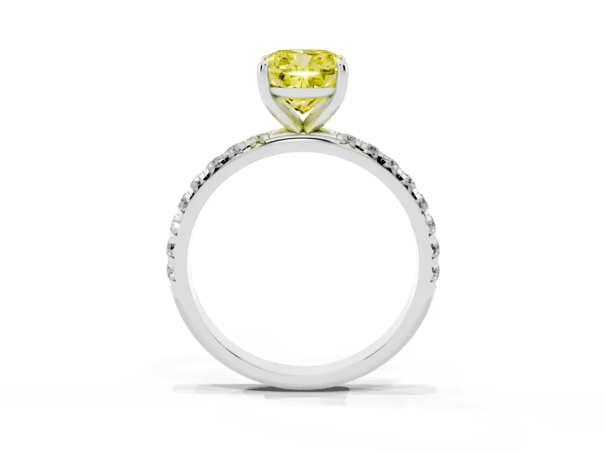 Fancy Yellow Cushion Cut Cut Diamond Solitaire Ring with Micro Pave Band and Four Prong Setting Silver