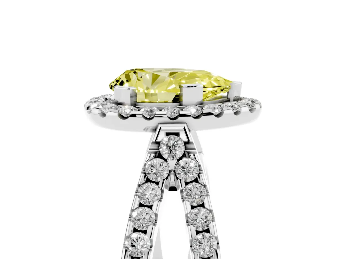 Fancy Yellow Pear Cut Diamond Halo Ring with Split Shank Pavé Band and Prong Setting Silver