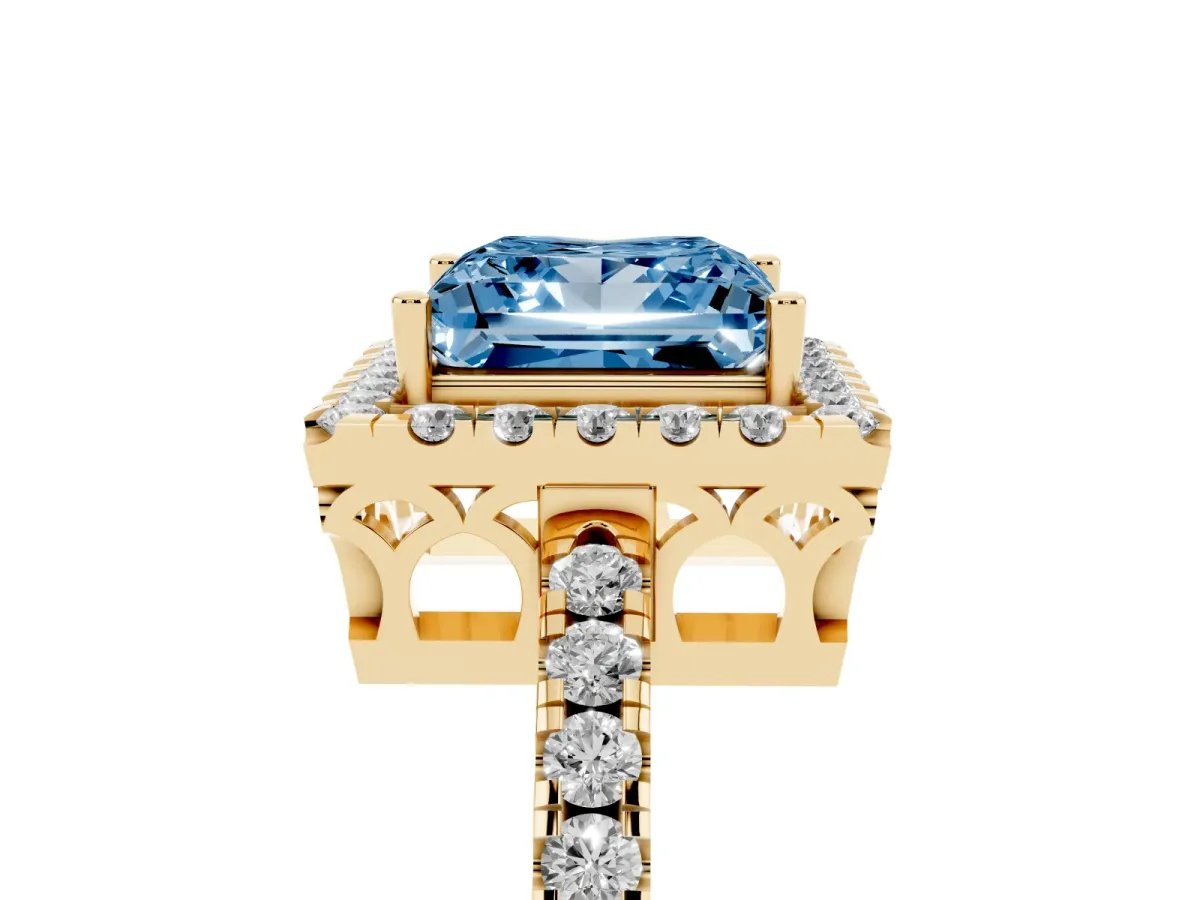 Fancy Blue Princess Cut Halo Diamond Engagement Ring with Pavé Band and Four-Prong Setting Yellow gold