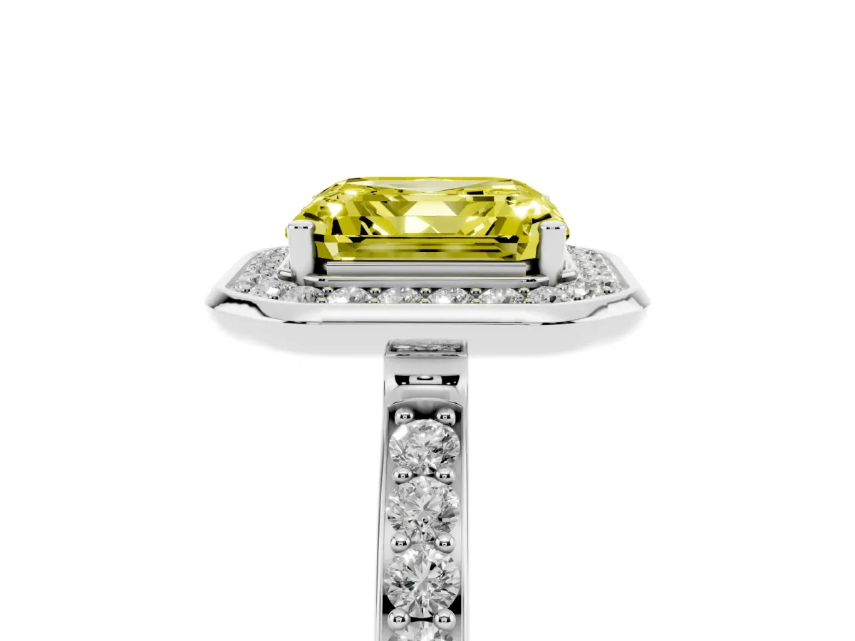 Fancy Yellow Asscher Cut Diamond Halo Ring with Bezel Frame and Pavé Band Silver