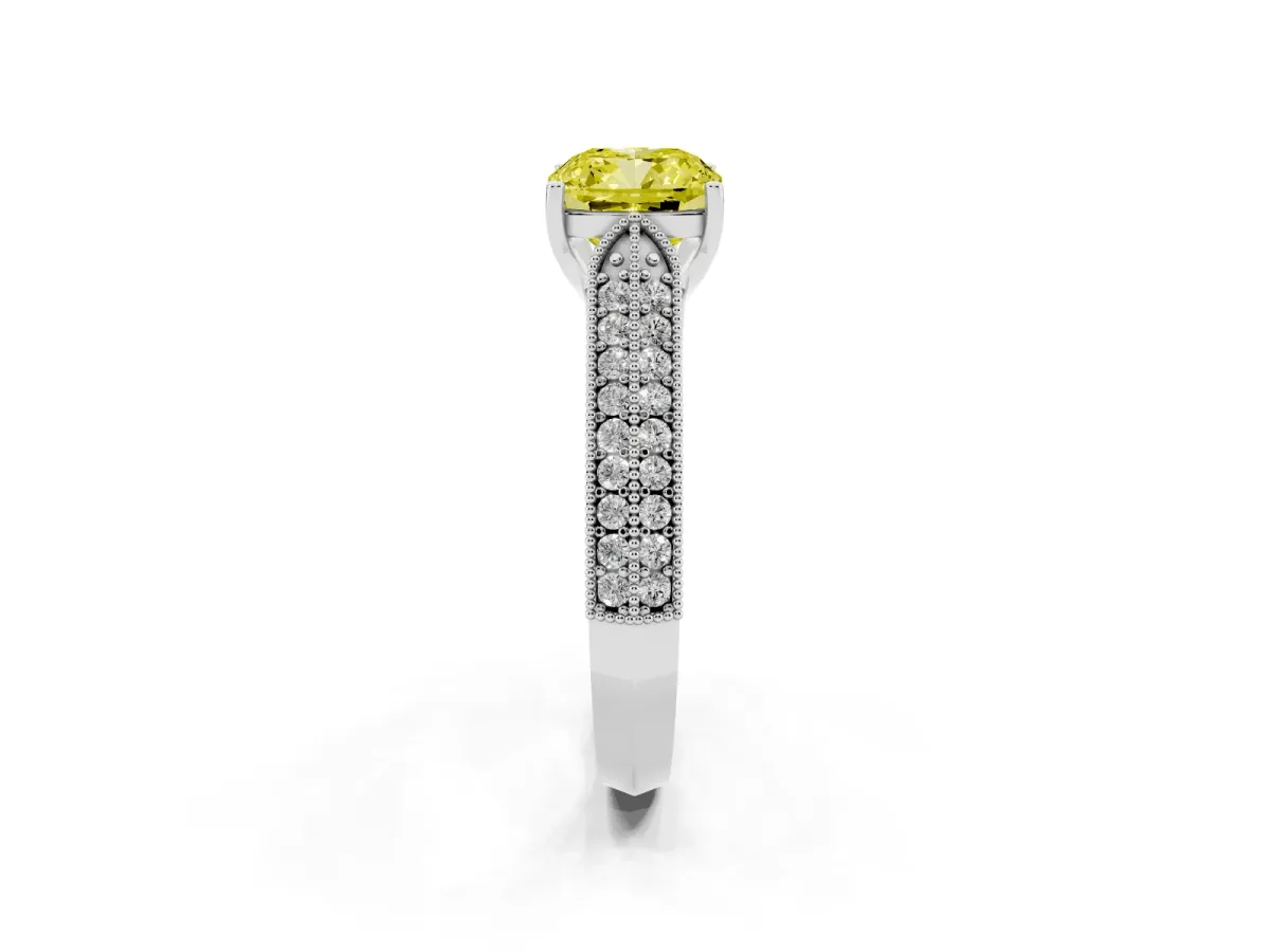 Fancy Yellow Cushion Cut Cut Pave Split Shank Engagement Ring with Four-Prong Setting White gold