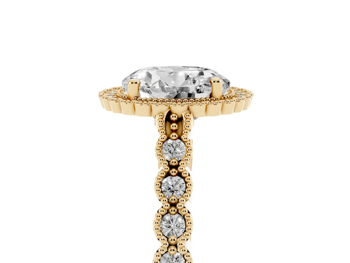 Round Cut Cut Halo Pavé Solitaire Ring with Milgrain Band Yellow gold