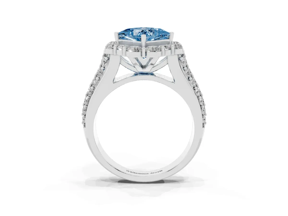 Fancy Blue Princess Cut Halo Diamond Engagement Ring with Split Shank and Prong Setting Silver