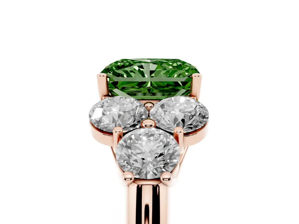 Fancy Green Radiant Cut Cut Diamond Cluster Ring with Round Accent Stones and Prong Setting on a Classic Band Rose gold