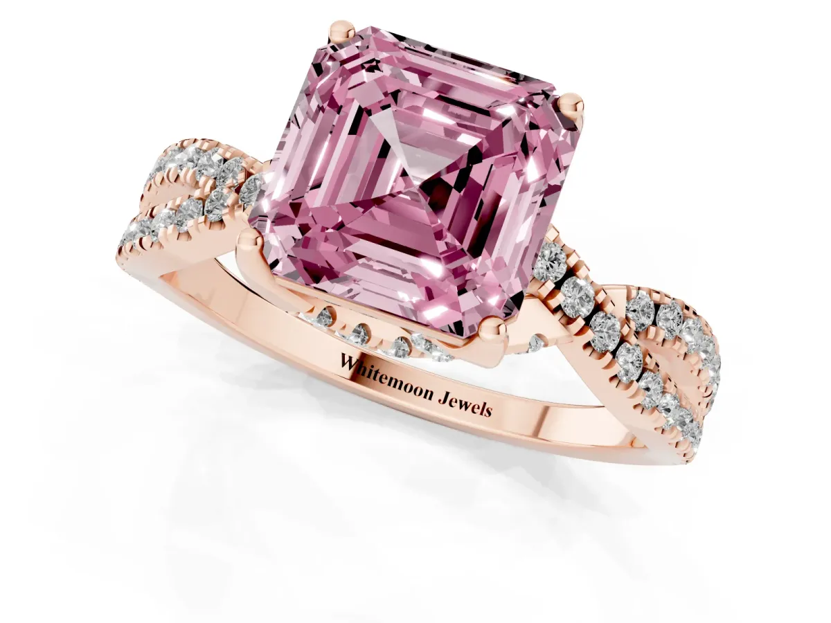 Fancy Pink Asscher Cut Solitaire Twist Pave Diamond Engagement Ring with Prong Setting Rose gold