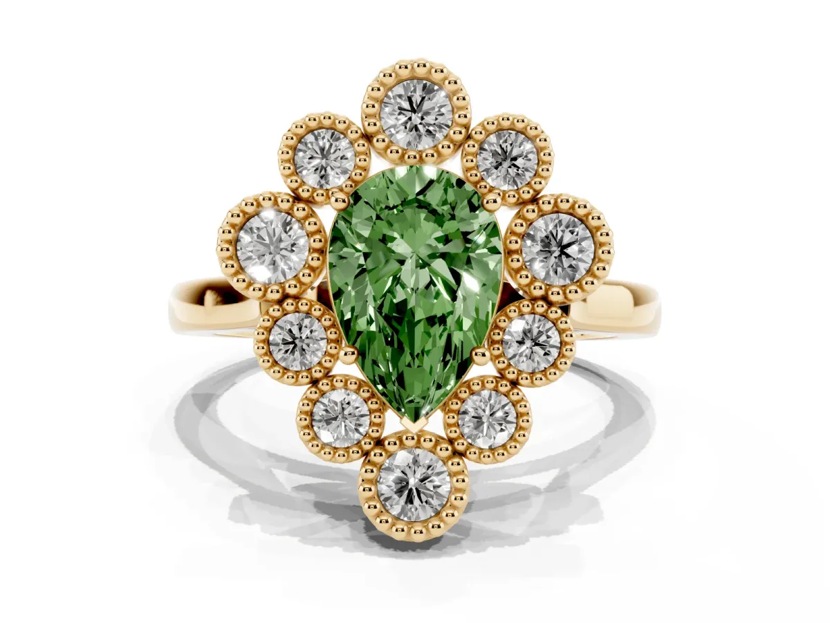 Fancy Green Pear Cut Halo Diamond Cluster Engagement Ring with Milgrain Bezel Setting and Solitaire Band Yellow gold