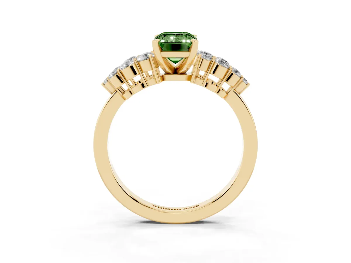 Fancy Green Emerald Cut Cluster Diamond Engagement Ring with Pavé Band and Four-Prong Setting Yellow gold