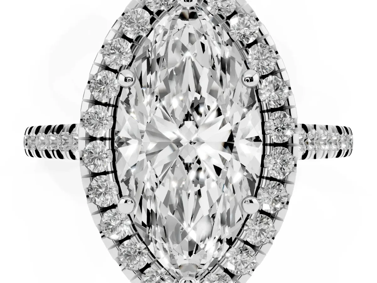 Marquise Cut Diamond Cushion Halo Ring with Pavé Band Silver