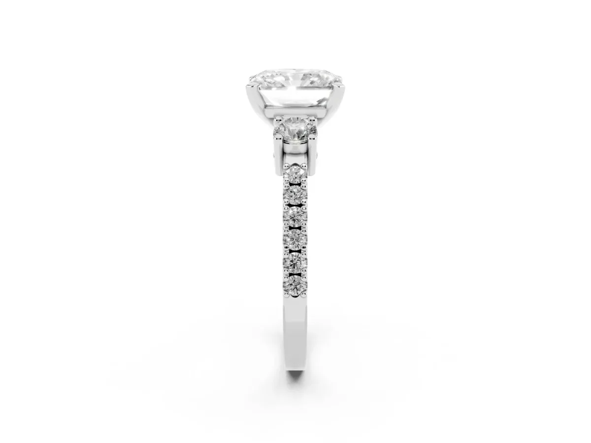 Radiant Cut Three-Stone Diamond Pavé Band with Prong Setting Platinum