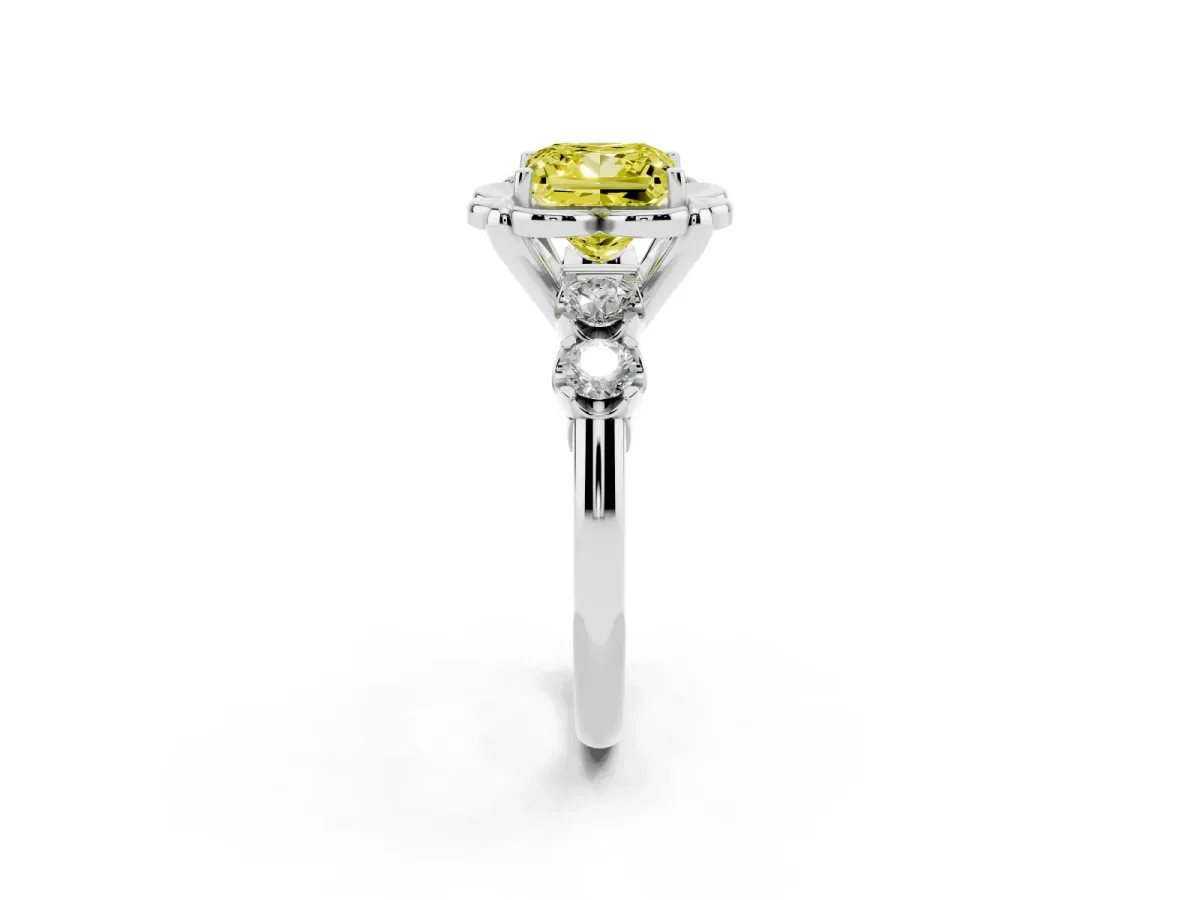 Fancy Yellow Princess Cut Cut Diamond Floral Halo Engagement Ring with Shared Prong Setting Platinum