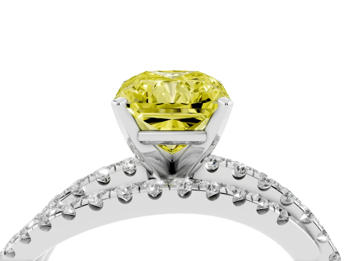 Fancy Yellow Radiant Cut Solitaire Twist Band with Pavé Setting and Four-Prong Setting Silver