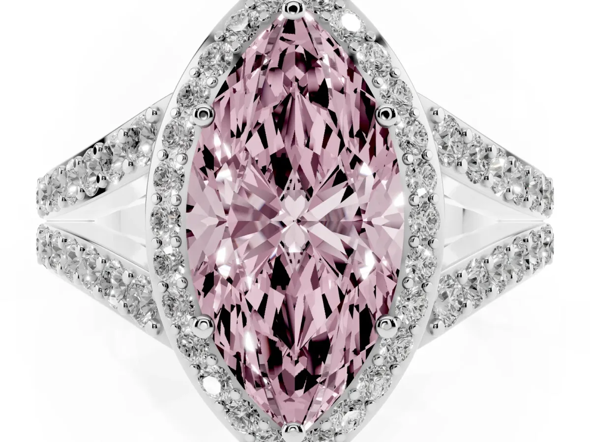Fancy Pink Marquise Cut Diamond Split Shank Halo Ring with Four-Prong Setting Platinum