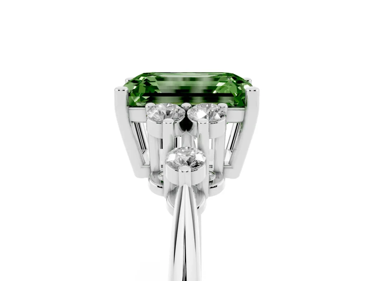 Fancy Green Emerald Cut Cut Diamond Cluster Ring with Solitaire Band and Four-Prong Setting Platinum
