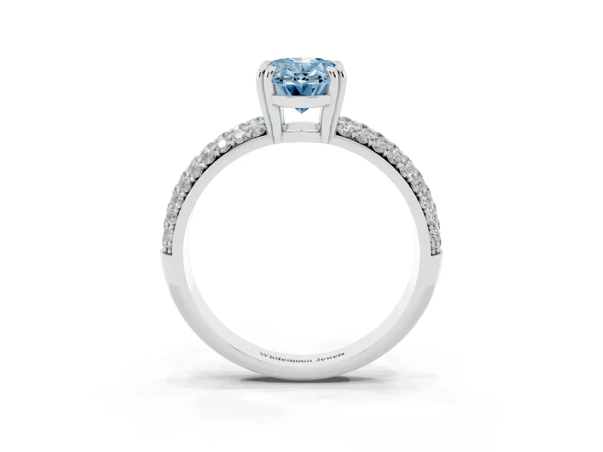 Fancy Blue Oval Cut Diamond Solitaire Ring with Multi-Row Round Pavé Band and Prong Setting Silver