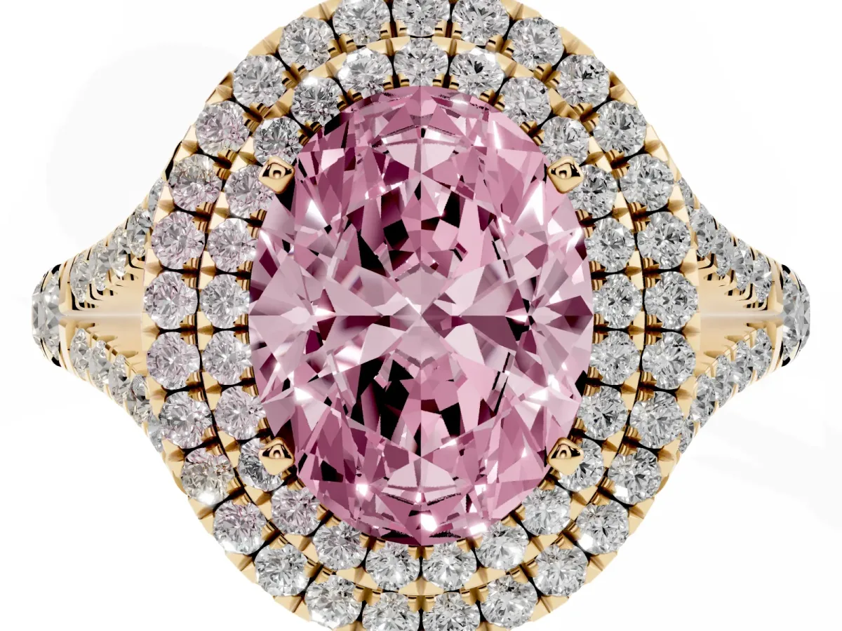 Fancy Pink Oval Cut Diamond Pavé Split Shank Double Halo Engagement Ring Yellow gold