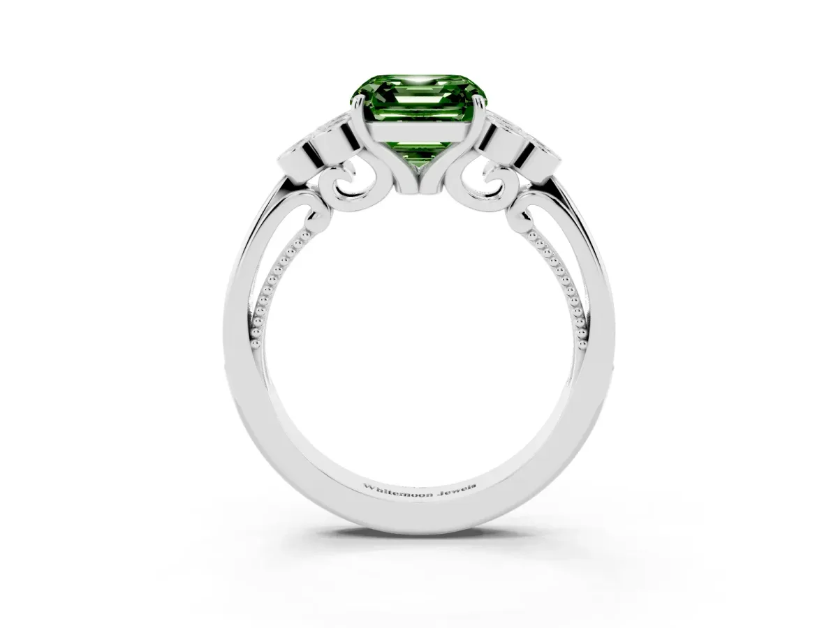 Fancy Green Asscher Cut Cut Diamond Engagement Ring with Bezel Set Round Side Stones and Prong Setting Platinum