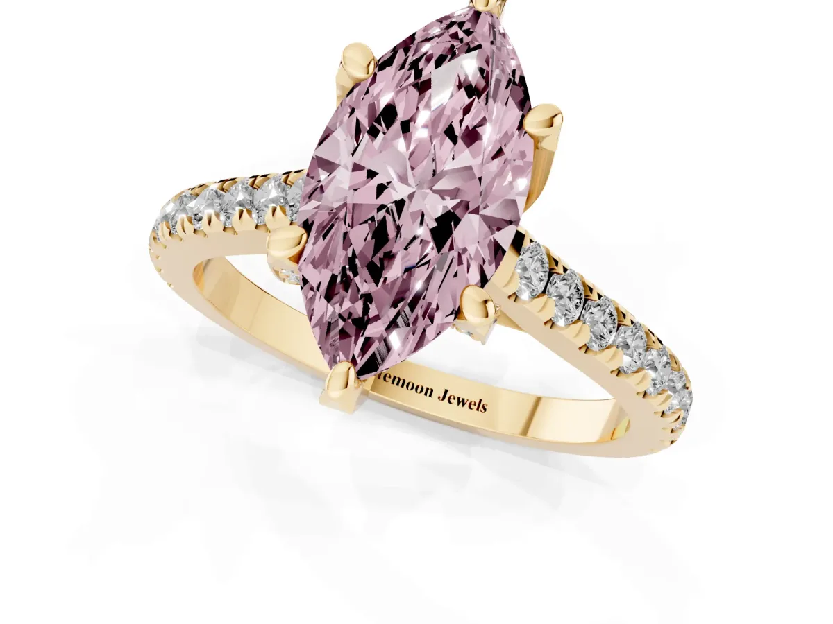Fancy Pink Marquise Cut Brilliant Diamond Solitaire with Pavé Band and Four-Prong Setting Yellow gold