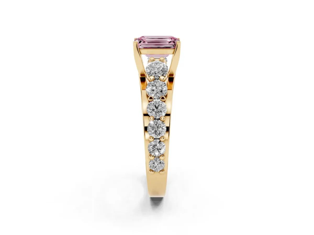 Fancy Pink Emerald Cut Diamond Engagement Ring with Pavé Band and Four-Prong Setting Yellow gold