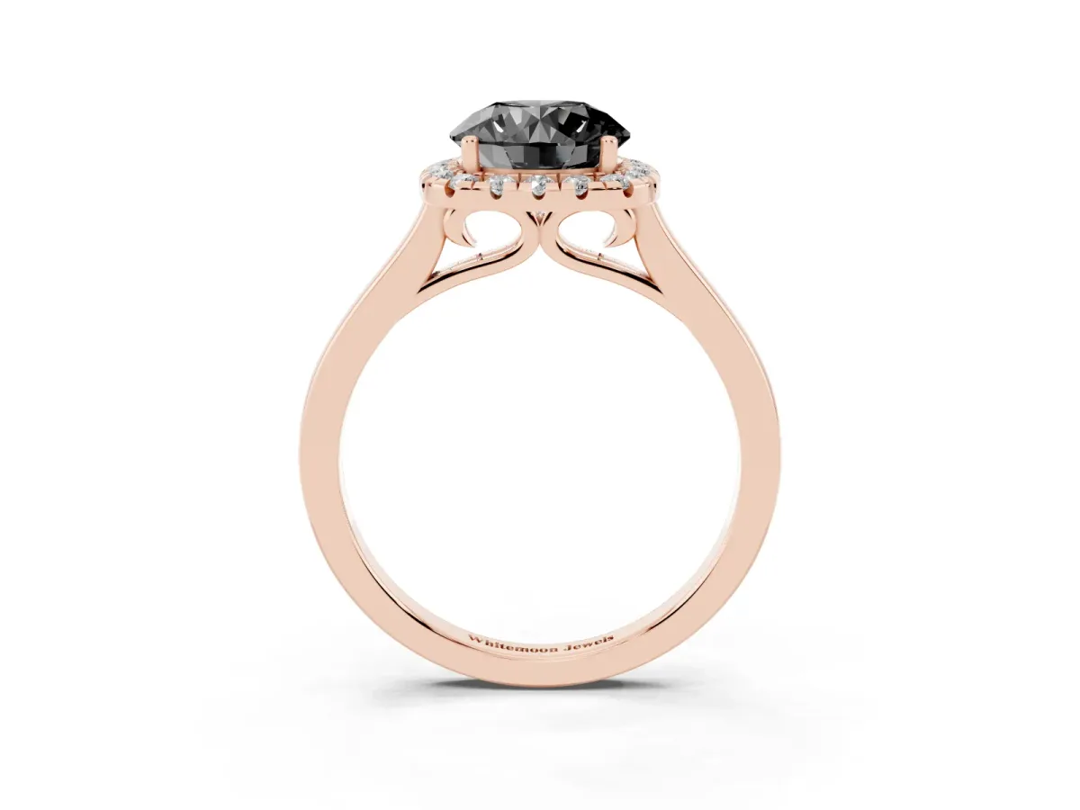 Fancy Black Round Cut Halo Round Diamond Solitaire Ring with Pavé Band and Four-Prong Setting Rose gold