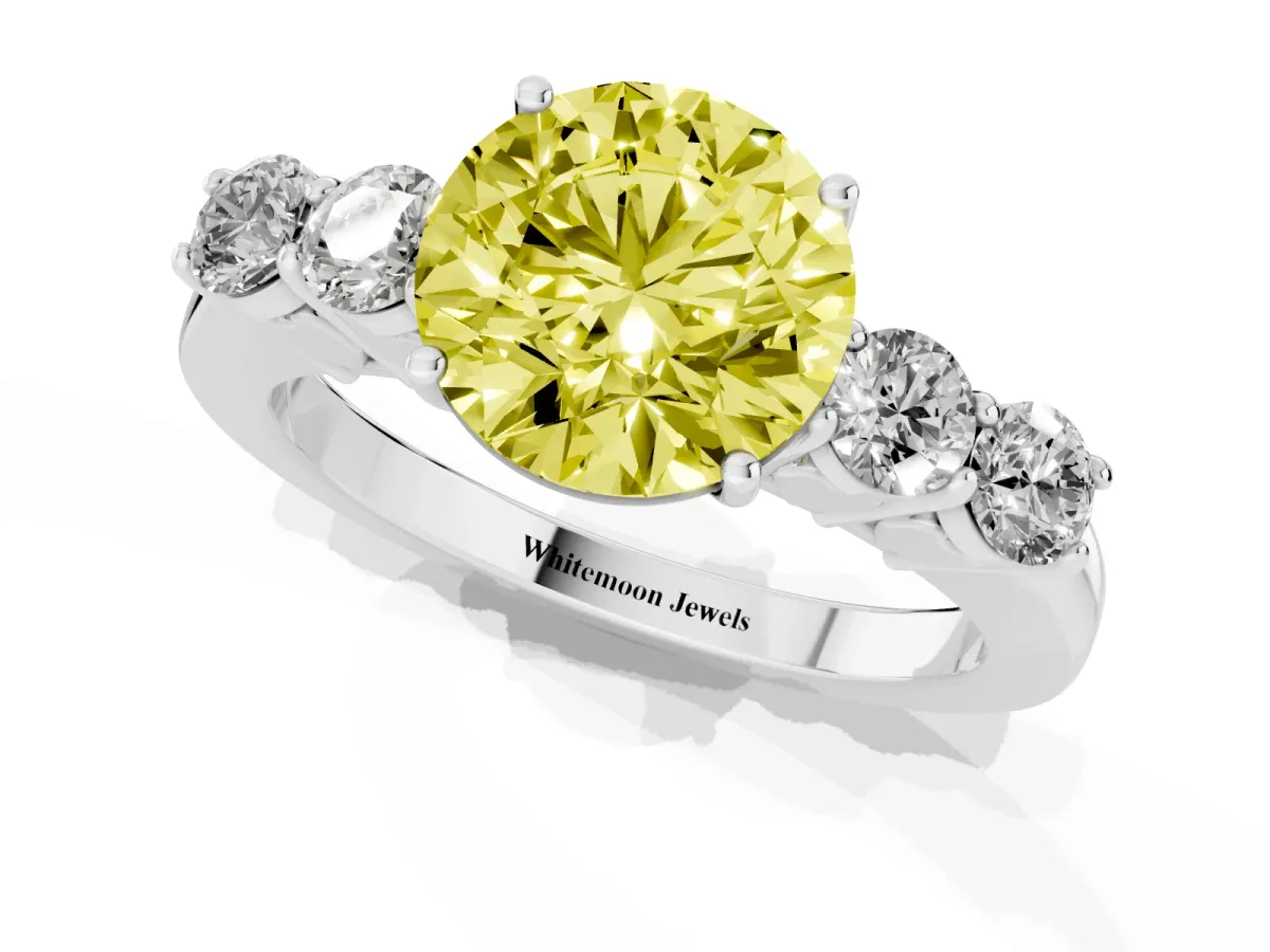 Fancy Yellow Round Cut Cut Diamond Five-Stone Prong Set White Gold Ring Silver
