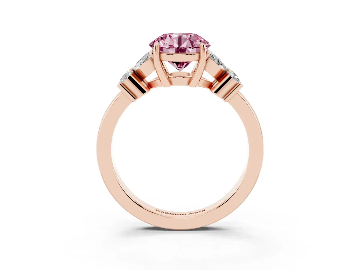 Fancy Pink Round Cut Diamond Floral Cluster Ring with Solitaire Band and Prong Setting Rose gold